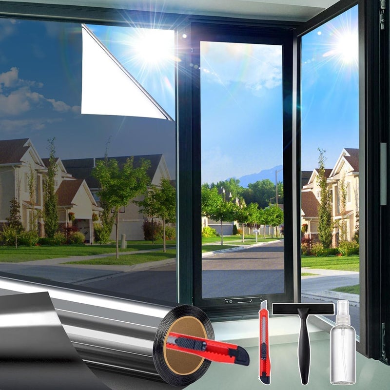 Dwersty One Way Daytime Window Privacy Film See Out Not in, Window Tint for Home, Reflective Mirror Glass Windows Coverings Sun Heat UV Blocking, Black-Silver, 17.5" X 78.7" - Image 1